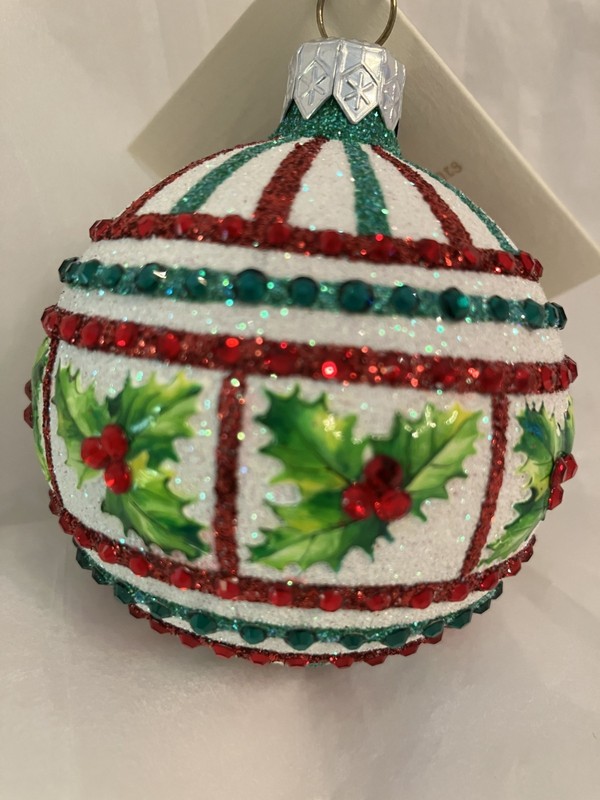 Patricia Breen Beguiling Orb Ornament Red White Green Holly Glittered Stripes 