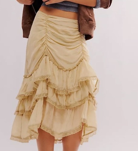 Free People Callope Ruffle Midi Skirt Tiered Mesh Lace Zip Light Green L NWT - Picture 4 of 8