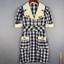 Vintage Hand Made Girls Dress Button Up Blue Plaid Embroidered 26" Waist