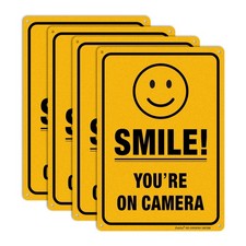  4 Pack Smile You're on Camera Video 10"x7" Metal sign, Yellow - 4 Pack