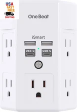 Power Strip Multi Plug Expander, 5 Outlets, 4 USB Ports, Wall Mount, White
