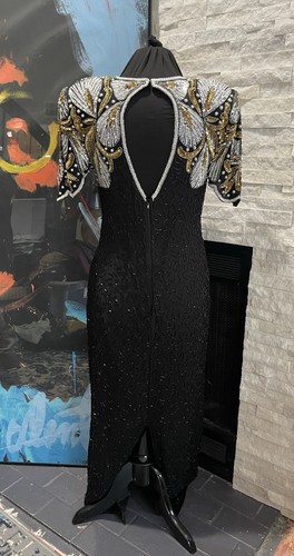 Lawrence Kazar Vintage 100% Silk Black Gold Beaded Sequins Gown Dress Size Small - Picture 7 of 22