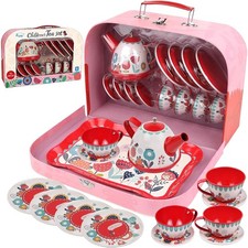 Tea Set for Little Girls, Pretend Play Tea Party Set, Floral Design Kids Tin Tea