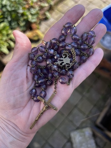 Antiker französischer Rosenkranz Rosenkranz lila Glas Messing 24" 1800er Perlen Amethyst Maria - Bild 8 von 19