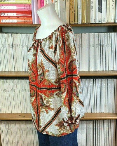 Vintage 1970s Blouse Top 14 16 Peasant Gypsy Paisley Print Off Shoulder Bardot - Imagen 7 de 11