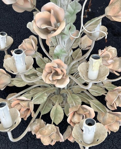 Vintage Tole Wrought Iron Floral Flower Chandelier Mid Century MCM 12 Light Lamp - Picture 3 of 19