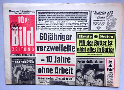 Kult-Zeitschrift BILD ZEITUNG 17. 8. 1959,  Meine Frau hat mich angezeigt Vopo
