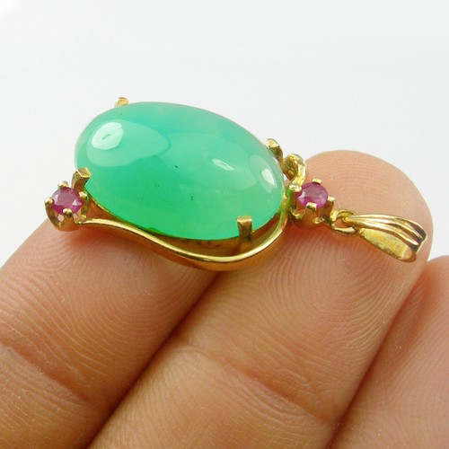 Genuine 750 18CT 18k Yellow Gold Australian Chrysoprase & Ruby Gemstone Pendant - Picture 11 of 12