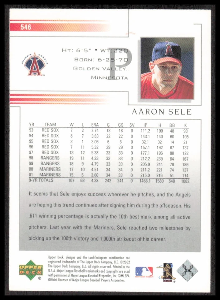 MLB 2002 Upper Deck Anaheim Eagles Aaron Sele 546 béisbol deporte CB-1-1-A-31 Foto 2 de 4