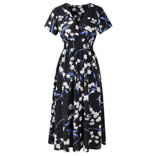 Boho Floral Women Short Sleeve V-Neck Midi Dress Summer Beach Casual Sundress UK - Picture 17 of 41