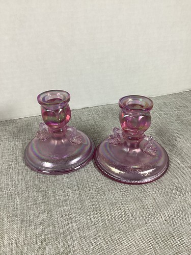 Vintage Fenton Iridescent Pink Candle Holders, Dolphins, Koi Fish, Pair