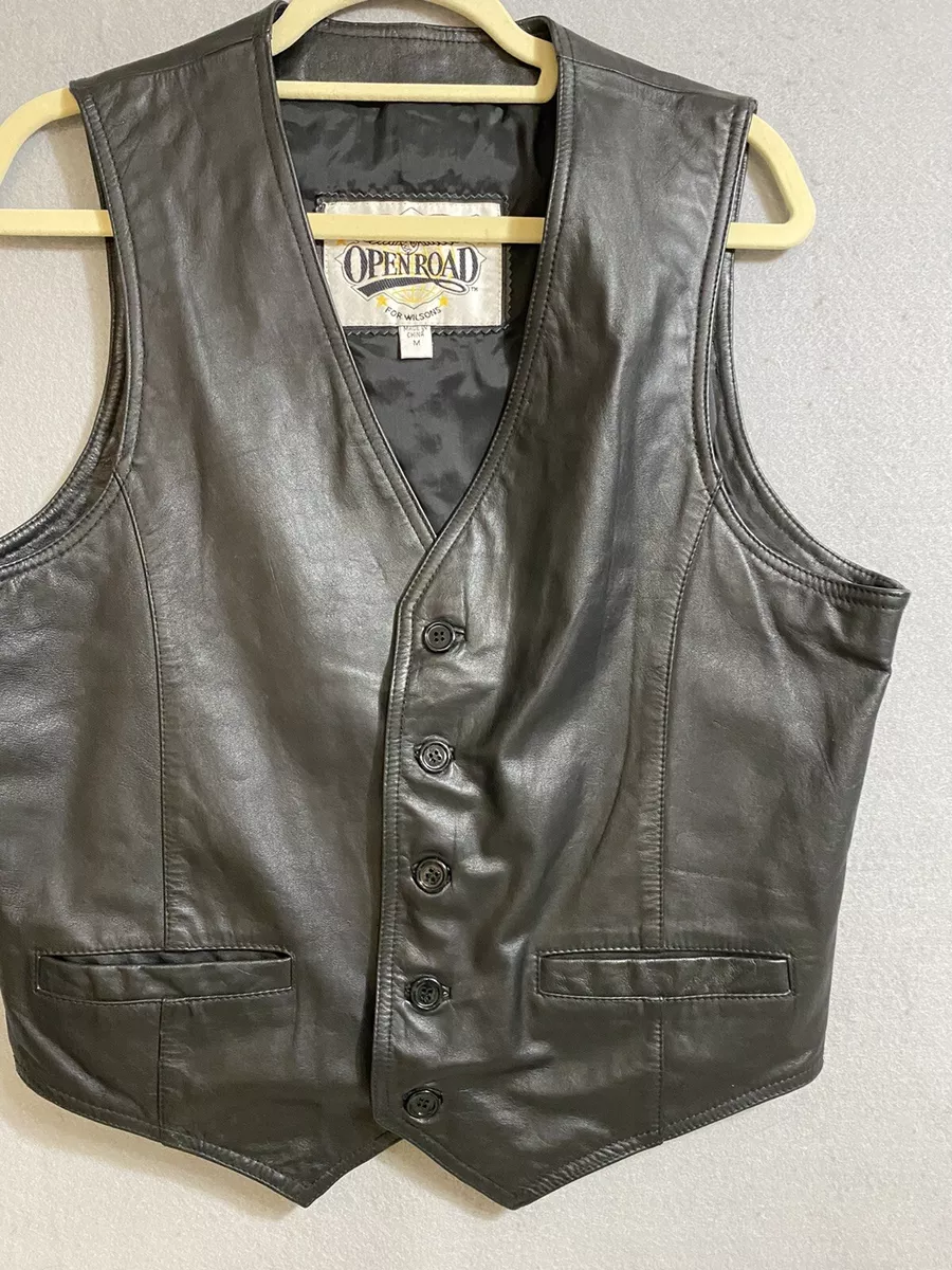 Vintage Open Road For Wilsons Men's Black Leather Motorcycle BIKER Vest SZ M
