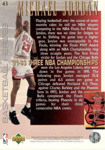 1994 95 Upper Deck Basketball Heroes Michael Jordan 43 Chicago Bulls Ebay