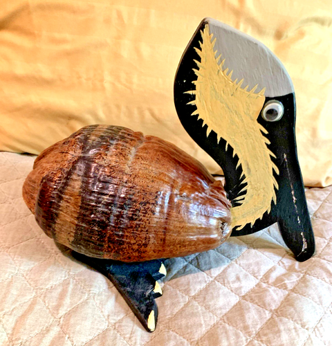Handcrafted Wood Coconut Pelican Folk Art Sculpture Signed Jim Carvey Whimsical - Picture 2 of 8