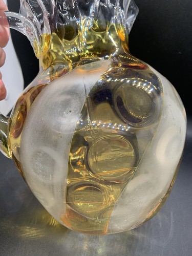 Antique Victorian Ruffled Yellow Opalescent Coin Dot Pitcher Hand-Blown Glass - Picture 10 of 15