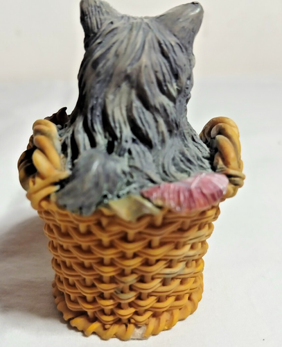 Fluffy Grey Cat in a Basket Figurine, Blue Eyes, Flowers, 3" - Picture 6 of 7