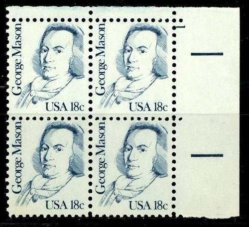GEORGE MASON Numbered Plate Block of 4 Plate 1 MNH Scott's 1858 - Picture 2 of 2
