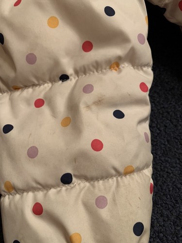 Antiguo Abrigo Azul Marino Puffer Niñas 5T Blanco Multicolor Lunares Cremallera Completa Capucha - Imagen 9 de 10