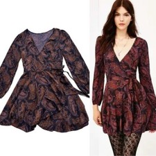 UO Ecote Paisley Purple Brown True Wrap Mini Dress XS Dark Romantic Boho