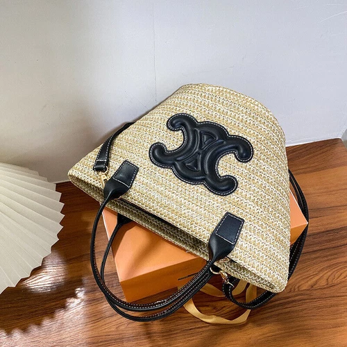 Bolso de Mano de Paja para Damas Bolso de Playa Bolso de Ratán + Banda para el Cuello de Seda Bolso de Gran Tamaño - Imagen 2 de 22