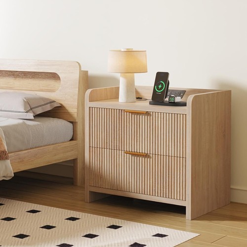 23" Modern Fluted Nightstand End Table with Charging Station& 2 Drawers - Picture 3 of 8