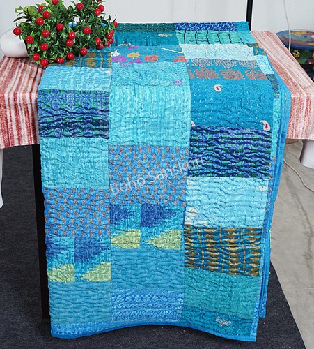 Wall hanging decor patchwork quilts bohmeian kantha throw silk sari bedding rugs - Picture 42 of 74