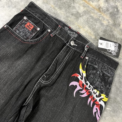 Jeans Vintage Sueltos Negros Llamas Cruzadas Bordados Talla 36x32 Y2K Patinador NUEVO - Imagen 7 de 14