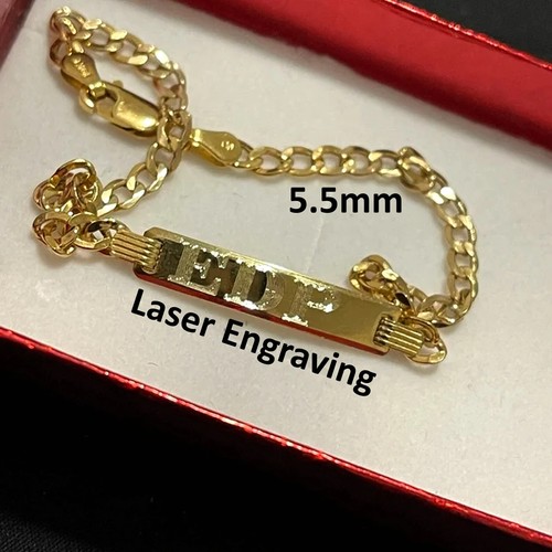 Real 10k Yellow Gold New Born Kids Mens Womens Custom Curb Cuban ID Bracelet - Picture 4 of 8
