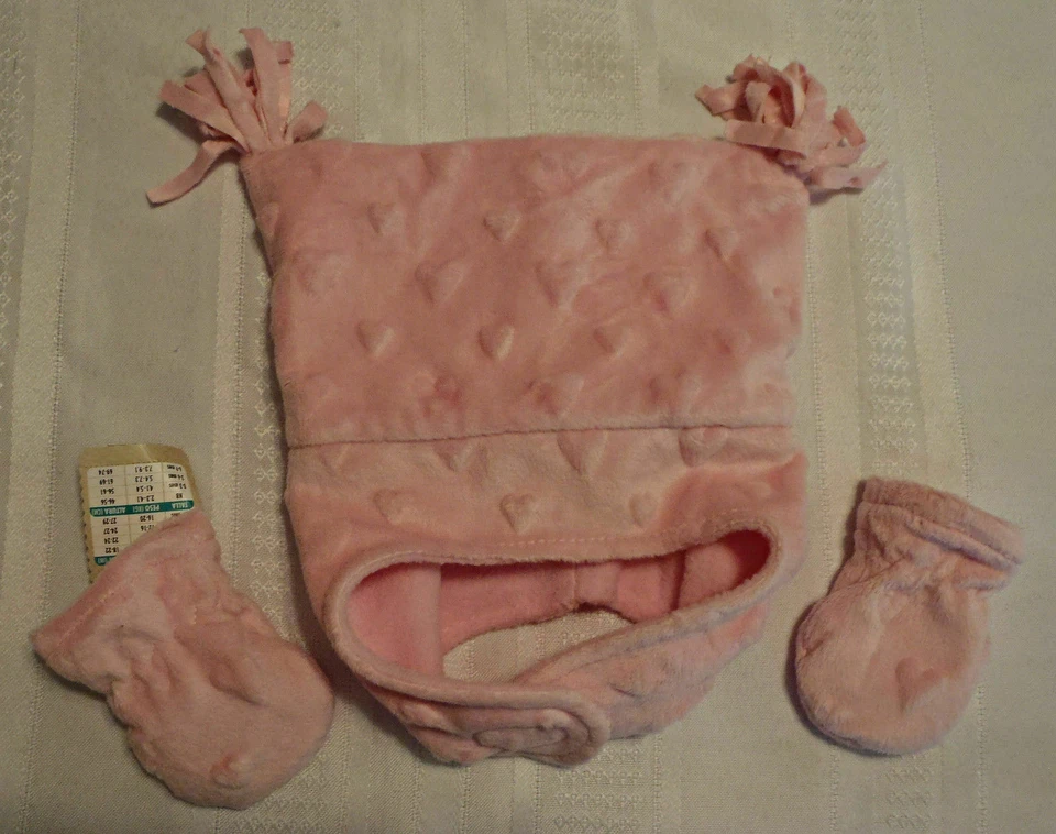 ARIZONA розовый 6-12 месяцев розовый сердце мягкая ткань зимняя шляпа варежки новый с Ярлыками - Изображение 2 из 2