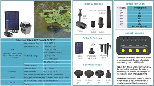 310lph Solar Panel Pond Pump With Battery Backup and Led Light water fountain - Picture 10 of 10