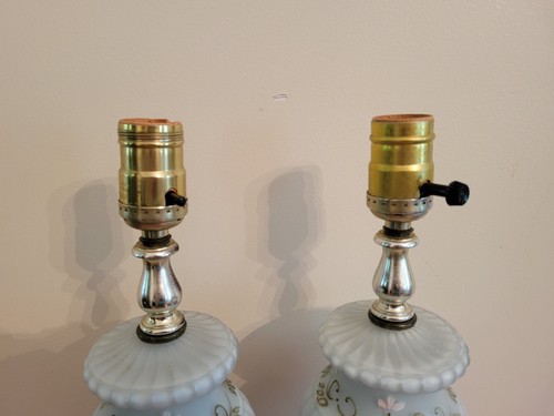 Pair 16" Mid Century Blue Satin Glass Table Lamps W/ Marble Bases - Picture 4 of 4