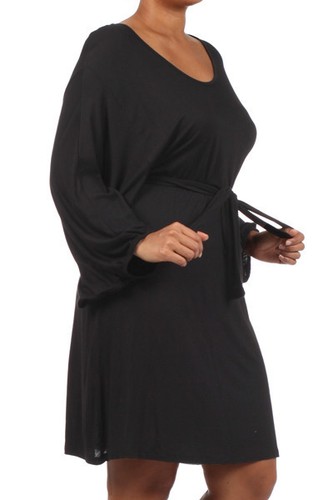 Vestido para mujer XL/1XL,2XL,3XL negro manga kimono corbata alrededor del cinturón hasta la rodilla - Imagen 4 de 5