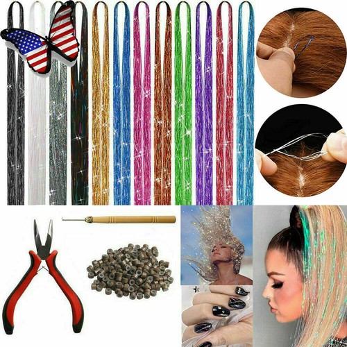 12 Colors Glitter Hair Tinsel Kit&47 Inch Hair Glitter Strands Fairy Hair Kit  - Afbeelding 1 van 11