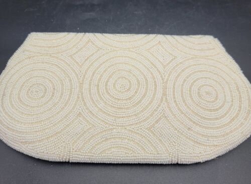 VTG Ivory Beaded Evening Bag Clutch Satin Lining Party Formal 8-1/2" Snap - Picture 4 of 6