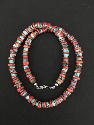 Green Turquoise & Coral Navajo Sterling Silver Heishi Necklace 20" 1266 - Picture 8 of 12