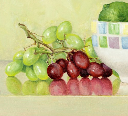 Impresión de bodegones de pera y uvas y limas - realismo - obras de arte de comedor - verde púrpura - Imagen 3 de 5