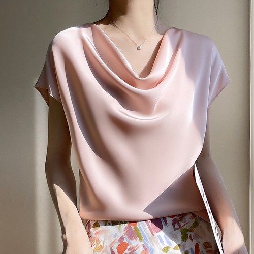 Women Satin Silky Short Sleeve Tops Cowl Neck OL T-shirt Business Blouse Tee