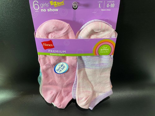 Hanes GIRLS 6 PK NO SHOW Premium Comfort EZ Sort Sock Matching Size L 4-10 NEW - Picture 5 of 9
