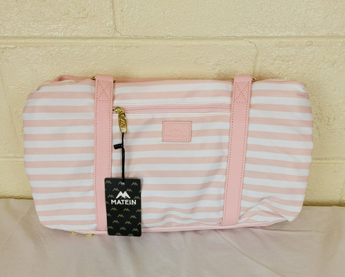 Pink Stripe Weekender Duffle Bag with Shoe Compartment Carry On Sleepover MATEIN - Picture 5 of 8