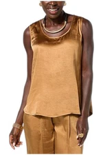 WynneLayers Women's Scoopneck Satin Tank Dark Camel