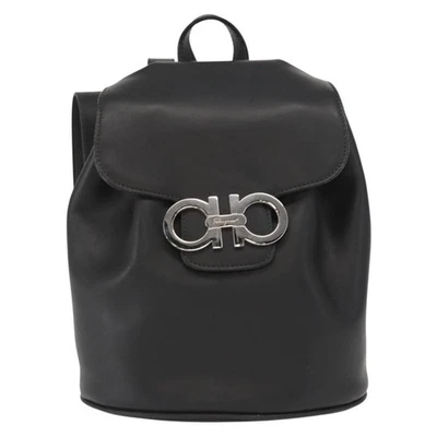 Salvatore Ferragamo Gancini Flap Drawstring Sac À Dos En Cuir Noir - Photo 1/4