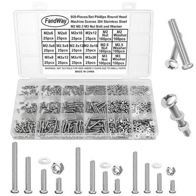 FANDWAY 900Pcs Bolts and Nuts Set,M2 M2.5 M3 Pan Head Machine Screws DIN 7985,Cross Head