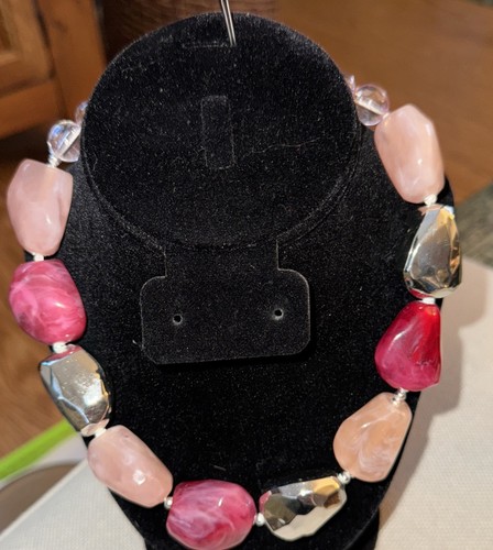 VTG Pink, Rose pink And Silver Large Imitation Stones. Silver Tone/pink Cord 16”
