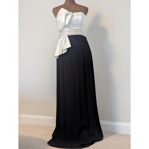 David Meister Long Strapless Evening Gown with White Satin Tie, Black Skirt Sz 6
