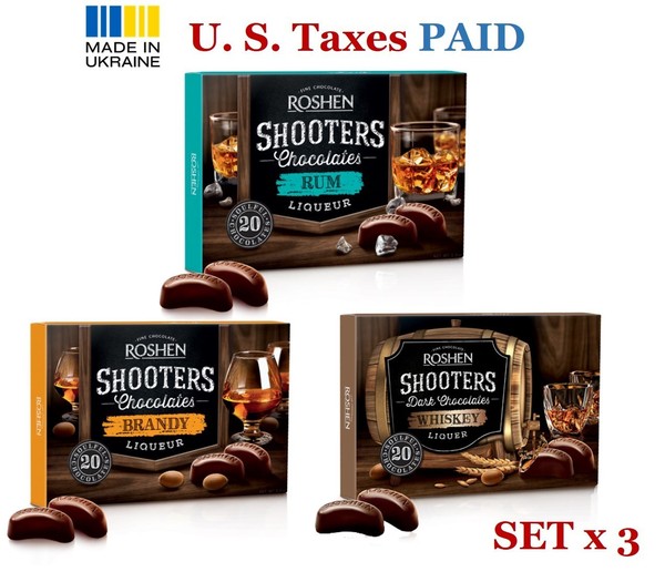 Paquete de 3 caramelos de chocolate negro Roshen Shooters con mezcla de licor de brandy de ron