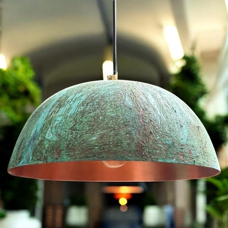 Lámpara colgante de cobre pátina verde oxidada, luz de techo domo hecha a mano, Foto 4 de 4