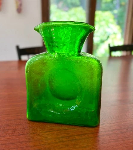 Mid-Century Green Art Glass Pitcher Vase | Blenko Style, Hand Blown, Chip