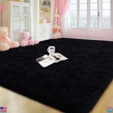 Large Black Fluffy 6x9 Area Rug, Soft Shaggy Carpet for Living Room & Bedroom
