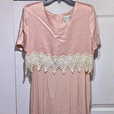 Vintage Size 14 Jeffrey & Dara Satin Rayon Blend Maxi Dress Rose Pink W/ Lace 