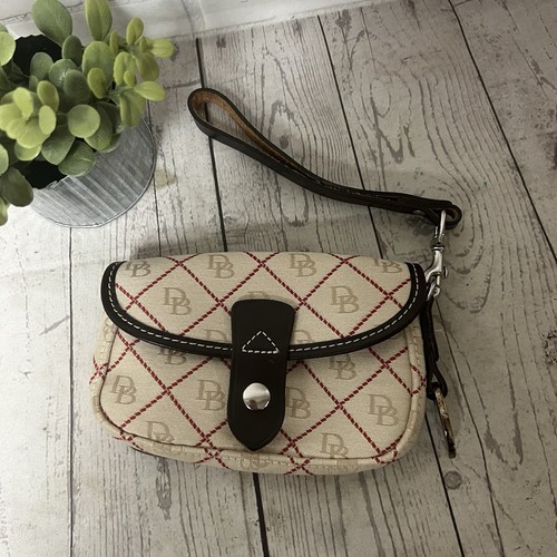 Dooney & Bourke Snap Slap sac portefeuille bracelet jacquard bordure cuir année 2000 crème - Photo 1/11